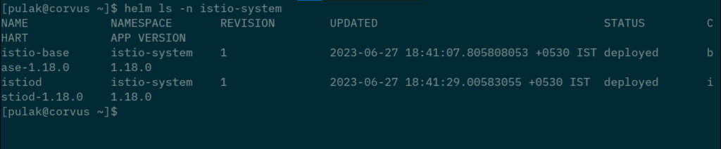 verifying  the deployment status of istio base and istiod