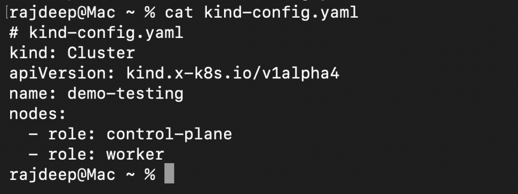 Kubernetes Kind cluster configuration file (kind-config.yaml) defining control-plane and worker nodes for local Kubernetes testing