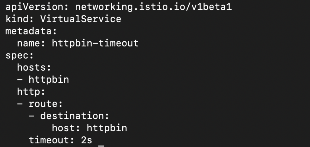 Istio Virtual Service YAML configuration defining a 2-second timeout policy for the httpbin service